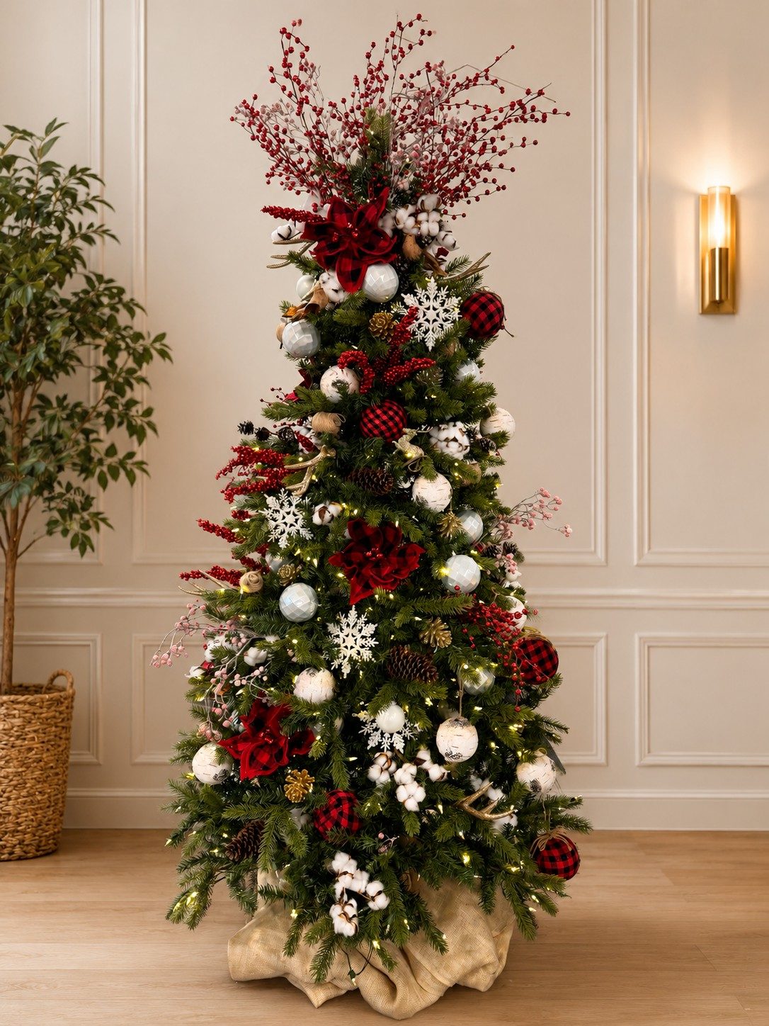 Red, white and plaid holiday tree installation